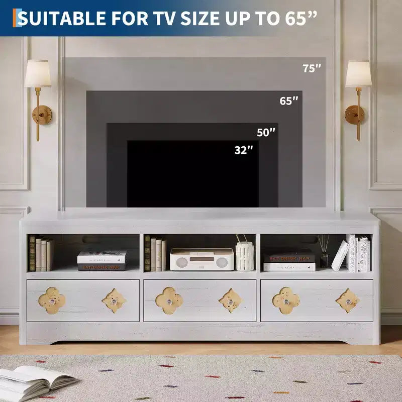 Meuble TV moderne du milieu du siècle de 178 cm pour téléviseurs jusqu'à 85", meuble de divertissement avec tiroir gravé et étagères de rangement ouvertes