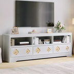 Meuble TV moderne du milieu du siècle de 178 cm pour téléviseurs jusqu'à 85", meuble de divertissement avec tiroir gravé et étagères de rangement ouvertes