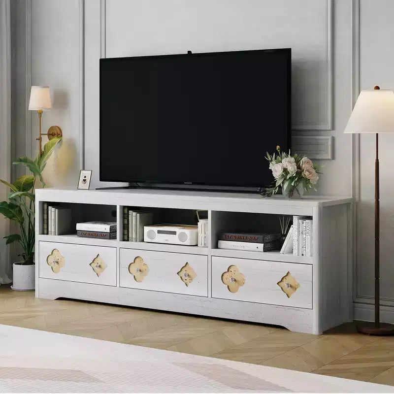 Meuble TV moderne du milieu du siècle de 178 cm pour téléviseurs jusqu'à 85", meuble de divertissement avec tiroir gravé et étagères de rangement ouvertes