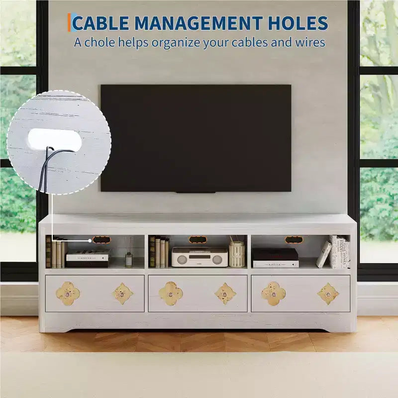 Meuble TV moderne du milieu du siècle de 178 cm pour téléviseurs jusqu'à 85", meuble de divertissement avec tiroir gravé et étagères de rangement ouvertes