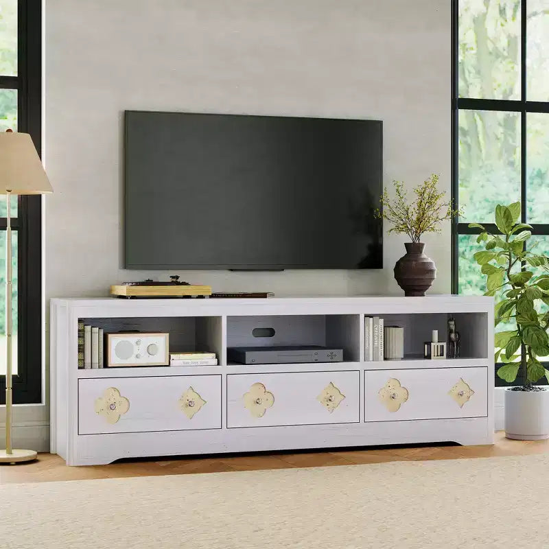 Meuble TV moderne du milieu du siècle de 178 cm pour téléviseurs jusqu'à 85", meuble de divertissement avec tiroir gravé et étagères de rangement ouvertes