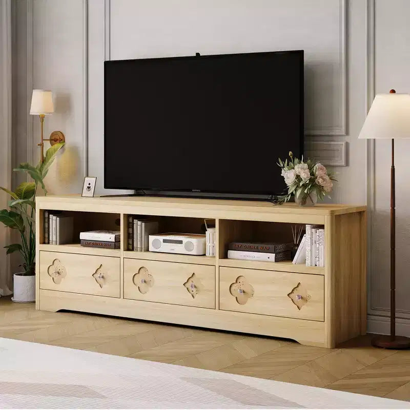 Meuble TV moderne du milieu du siècle de 178 cm pour téléviseurs jusqu'à 85", meuble de divertissement avec tiroir gravé et étagères de rangement ouvertes