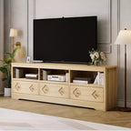 Meuble TV moderne du milieu du siècle de 178 cm pour téléviseurs jusqu'à 85", meuble de divertissement avec tiroir gravé et étagères de rangement ouvertes