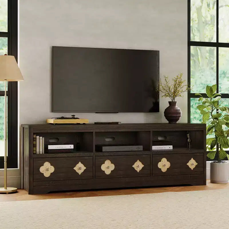 Meuble TV moderne du milieu du siècle de 178 cm pour téléviseurs jusqu'à 85", meuble de divertissement avec tiroir gravé et étagères de rangement ouvertes