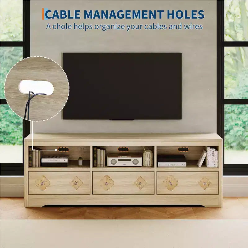 Meuble TV moderne du milieu du siècle de 178 cm pour téléviseurs jusqu'à 85", meuble de divertissement avec tiroir gravé et étagères de rangement ouvertes