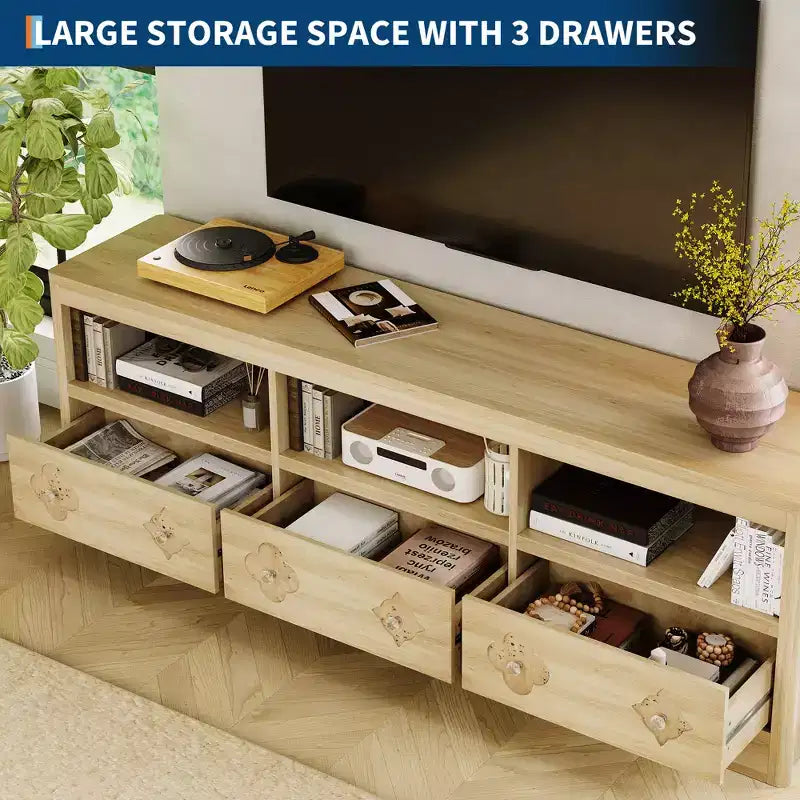 Meuble TV moderne du milieu du siècle de 178 cm pour téléviseurs jusqu'à 85", meuble de divertissement avec tiroir gravé et étagères de rangement ouvertes