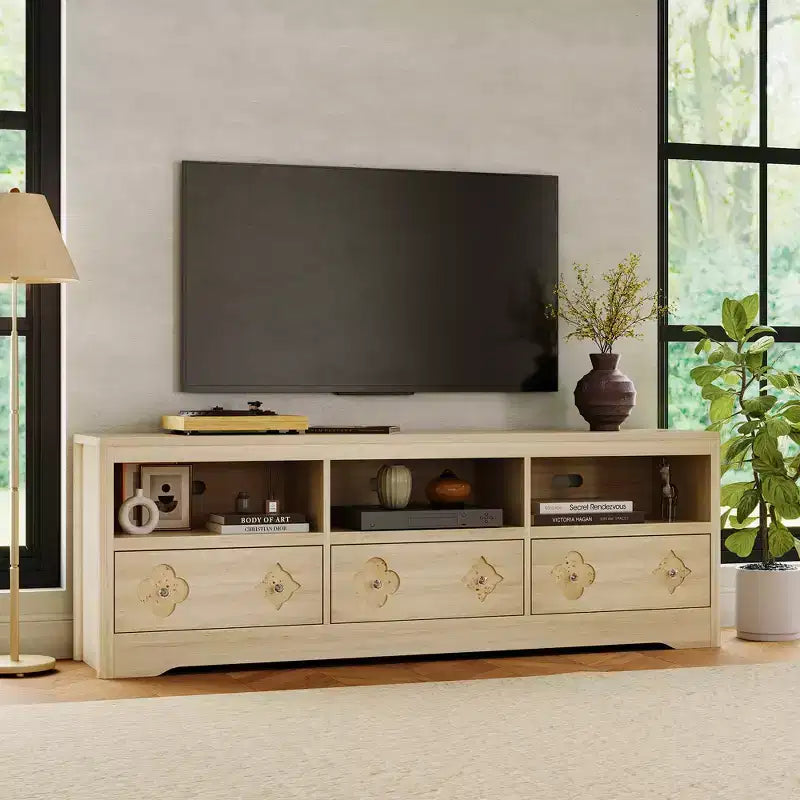 Meuble TV moderne du milieu du siècle de 178 cm pour téléviseurs jusqu'à 85", meuble de divertissement avec tiroir gravé et étagères de rangement ouvertes