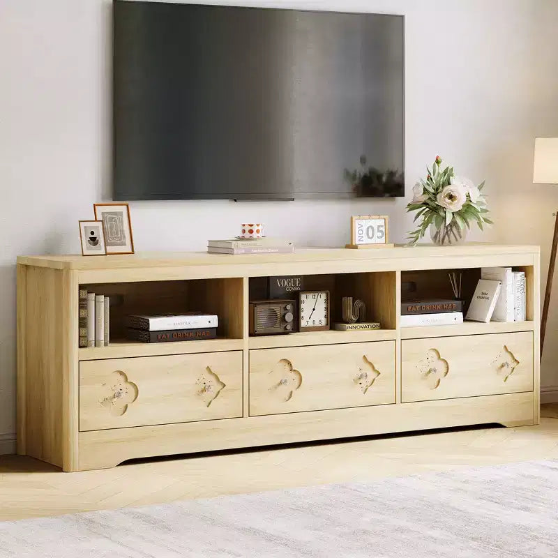 Meuble TV moderne du milieu du siècle de 178 cm pour téléviseurs jusqu'à 85", meuble de divertissement avec tiroir gravé et étagères de rangement ouvertes