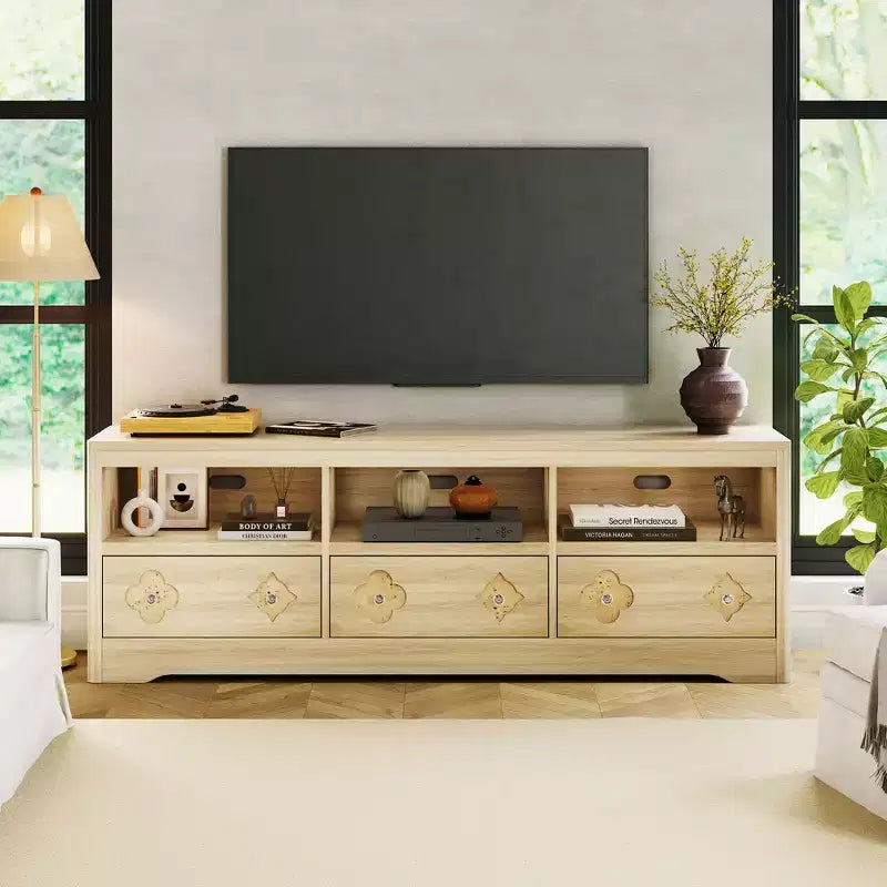 Meuble TV moderne du milieu du siècle de 178 cm pour téléviseurs jusqu'à 85", meuble de divertissement avec tiroir gravé et étagères de rangement ouvertes