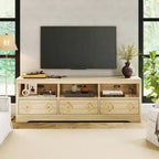 Meuble TV moderne du milieu du siècle de 178 cm pour téléviseurs jusqu'à 85", meuble de divertissement avec tiroir gravé et étagères de rangement ouvertes
