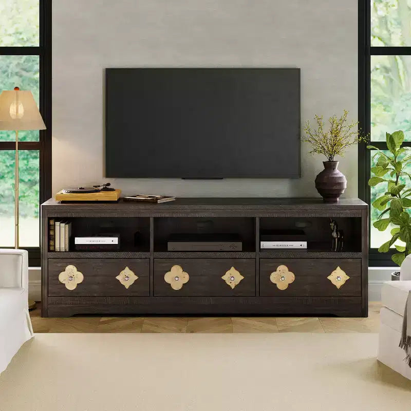 Meuble TV moderne du milieu du siècle de 178 cm pour téléviseurs jusqu'à 85", meuble de divertissement avec tiroir gravé et étagères de rangement ouvertes