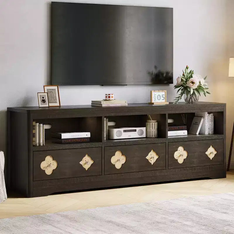 Meuble TV moderne du milieu du siècle de 178 cm pour téléviseurs jusqu'à 85", meuble de divertissement avec tiroir gravé et étagères de rangement ouvertes