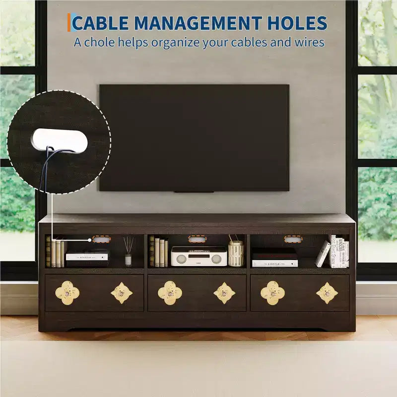 Meuble TV moderne du milieu du siècle de 178 cm pour téléviseurs jusqu'à 85", meuble de divertissement avec tiroir gravé et étagères de rangement ouvertes