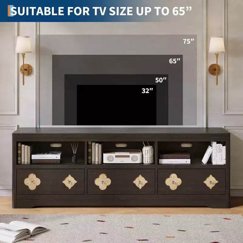 Meuble TV moderne du milieu du siècle de 178 cm pour téléviseurs jusqu'à 85", meuble de divertissement avec tiroir gravé et étagères de rangement ouvertes