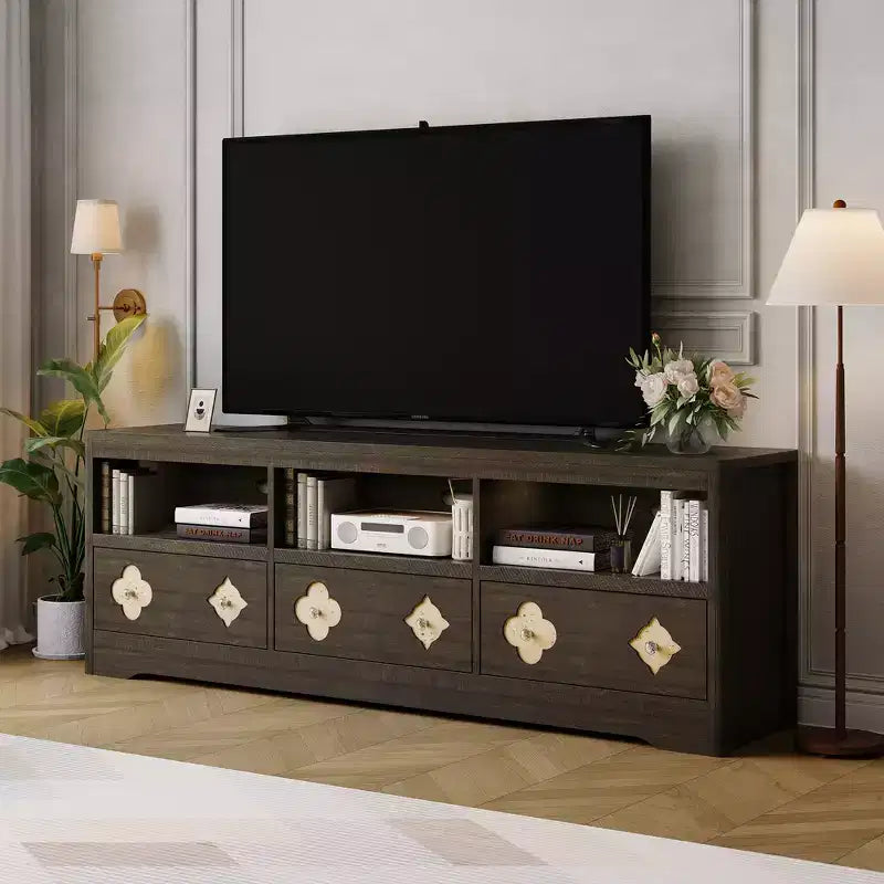 Meuble TV moderne du milieu du siècle de 178 cm pour téléviseurs jusqu'à 85", meuble de divertissement avec tiroir gravé et étagères de rangement ouvertes