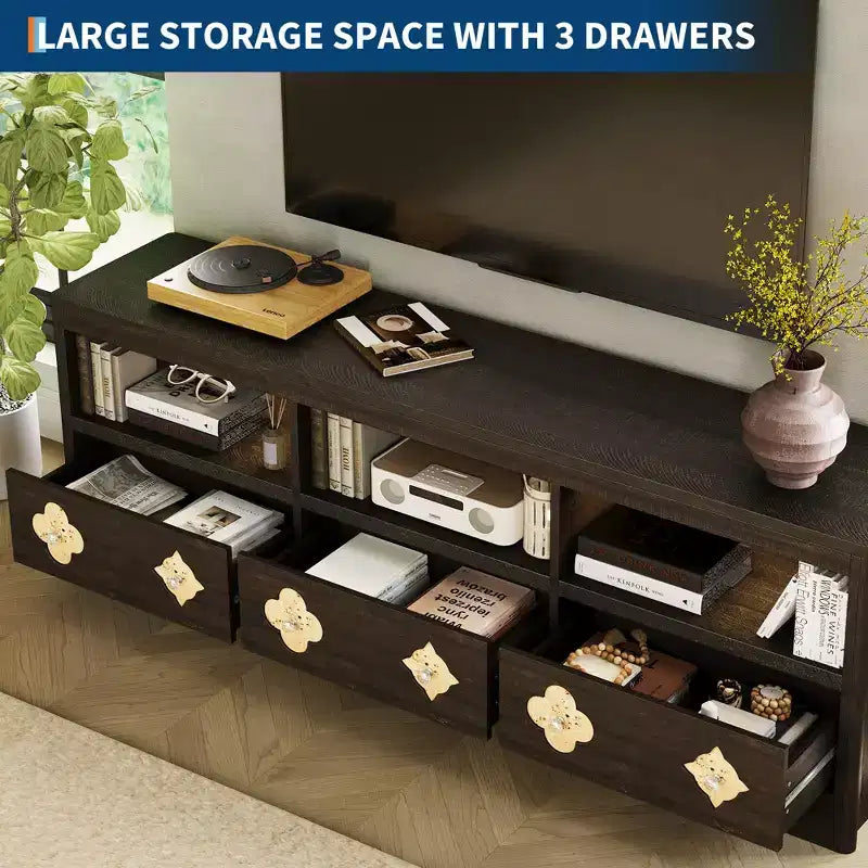 Meuble TV moderne du milieu du siècle de 178 cm pour téléviseurs jusqu'à 85", meuble de divertissement avec tiroir gravé et étagères de rangement ouvertes