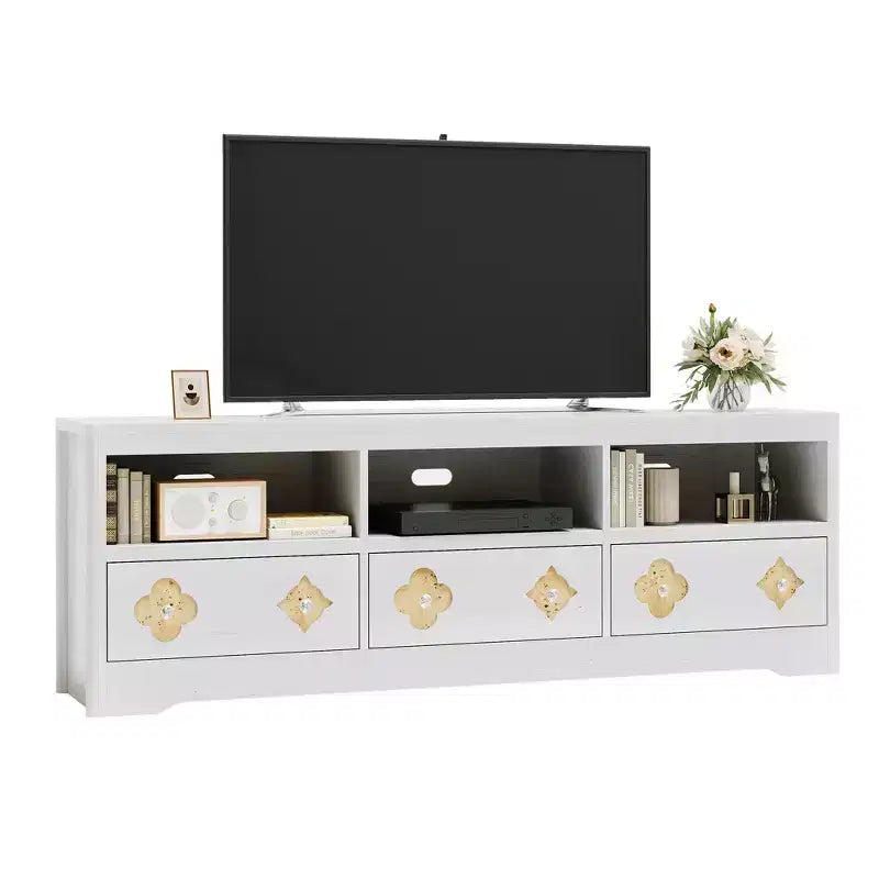 Meuble TV moderne du milieu du siècle de 178 cm pour téléviseurs jusqu'à 85", meuble de divertissement avec tiroir gravé et étagères de rangement ouvertes