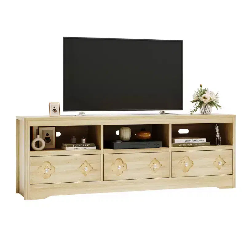 Meuble TV moderne du milieu du siècle de 178 cm pour téléviseurs jusqu'à 85", meuble de divertissement avec tiroir gravé et étagères de rangement ouvertes