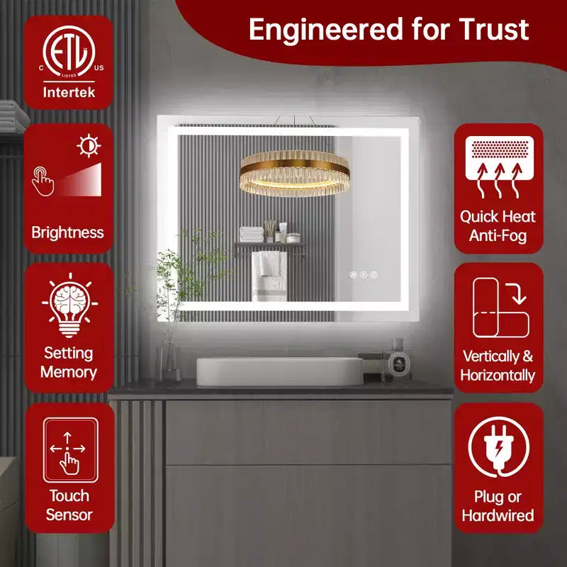 Miroir de vanité LED anti-buée 28x36 – Verre trempé mural, 3 modes de couleur