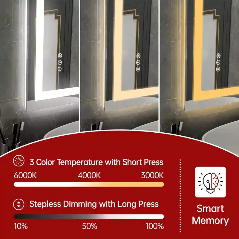 Miroir de vanité LED anti-buée 28x36 – Verre trempé mural, 3 modes de couleur