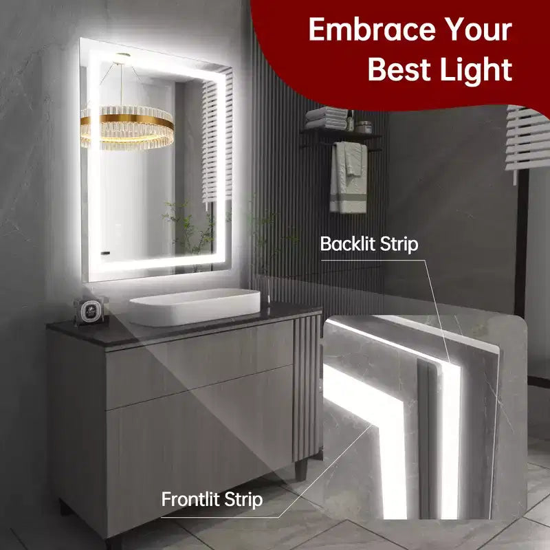 Miroir de vanité LED anti-buée 28x36 – Verre trempé mural, 3 modes de couleur