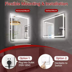 Miroir de vanité LED anti-buée 28x36 – Verre trempé mural, 3 modes de couleur