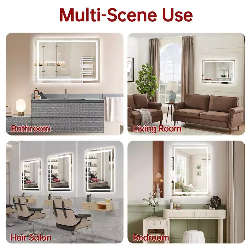 Miroir de vanité LED anti-buée 28x36 – Verre trempé mural, 3 modes de couleur