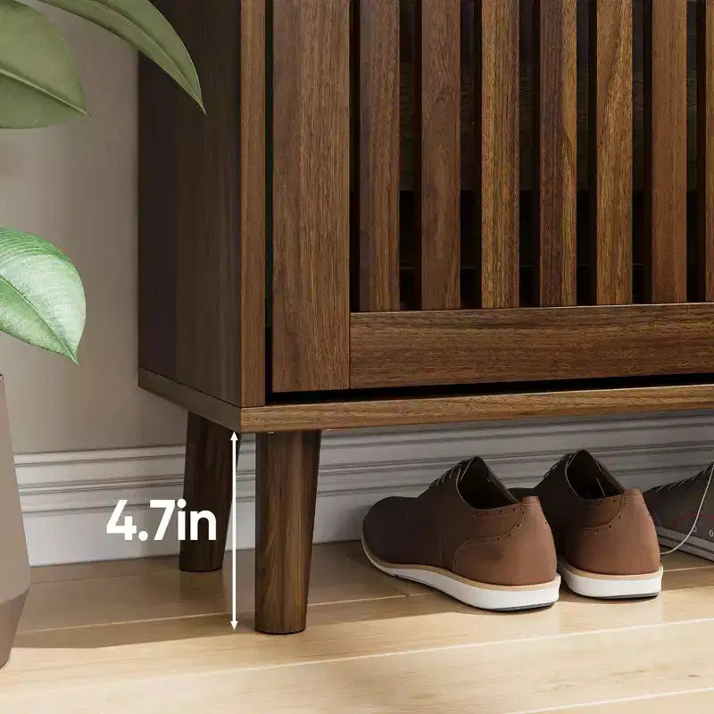 Meuble à chaussures Noyer 60 cm avec 2 tiroirs basculants et barrière – Rangement pour entrée et couloir