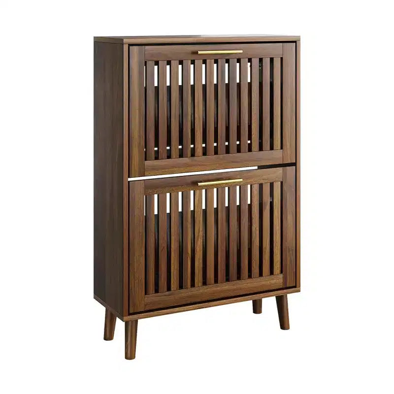Meuble à chaussures Noyer 60 cm avec 2 tiroirs basculants et barrière – Rangement pour entrée et couloir