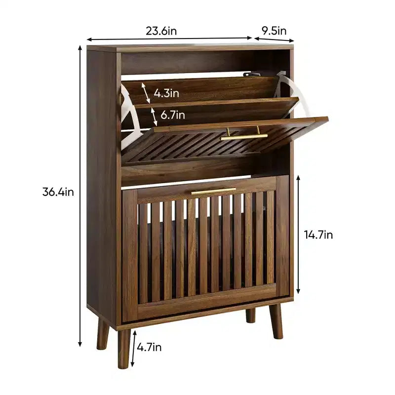 Meuble à chaussures Noyer 60 cm avec 2 tiroirs basculants et barrière – Rangement pour entrée et couloir