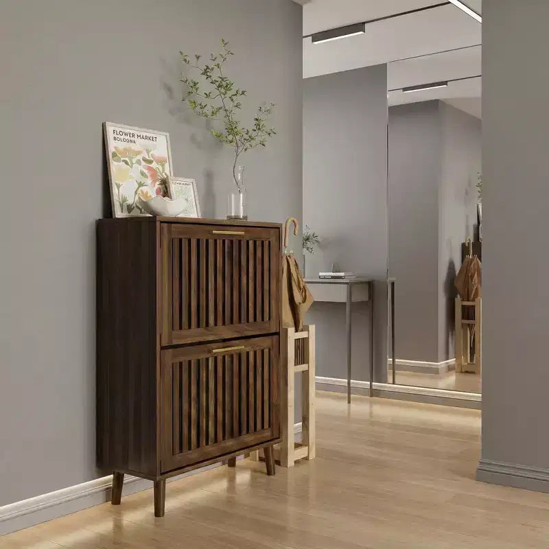 Meuble à chaussures Noyer 60 cm avec 2 tiroirs basculants et barrière – Rangement pour entrée et couloir