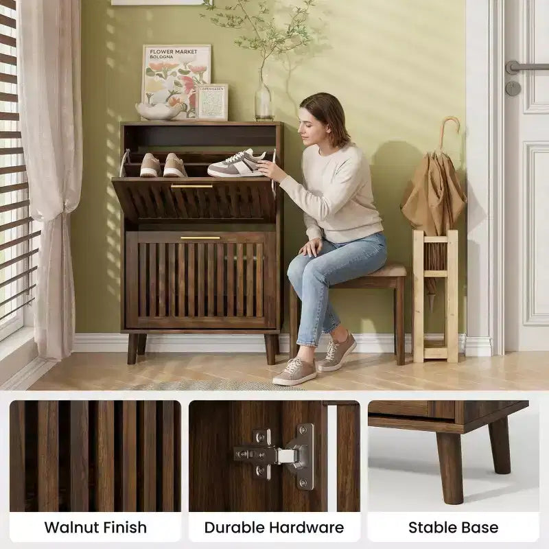Meuble à chaussures Noyer 60 cm avec 2 tiroirs basculants et barrière – Rangement pour entrée et couloir