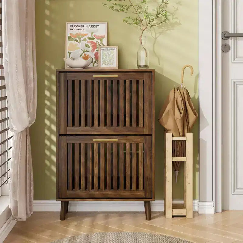Meuble à chaussures Noyer 60 cm avec 2 tiroirs basculants et barrière – Rangement pour entrée et couloir