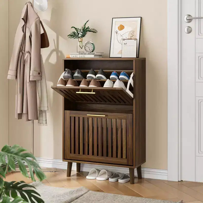 Meuble à chaussures Noyer 60 cm avec 2 tiroirs basculants et barrière – Rangement pour entrée et couloir