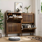 Meuble à chaussures Noyer 60 cm avec 2 tiroirs basculants et barrière – Rangement pour entrée et couloir