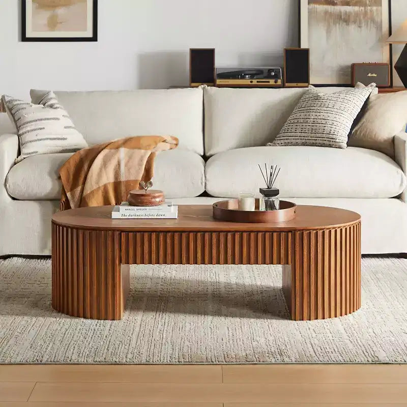 Table basse piédestal ovale moderne en bois avec tiroir et relief fait à la main
