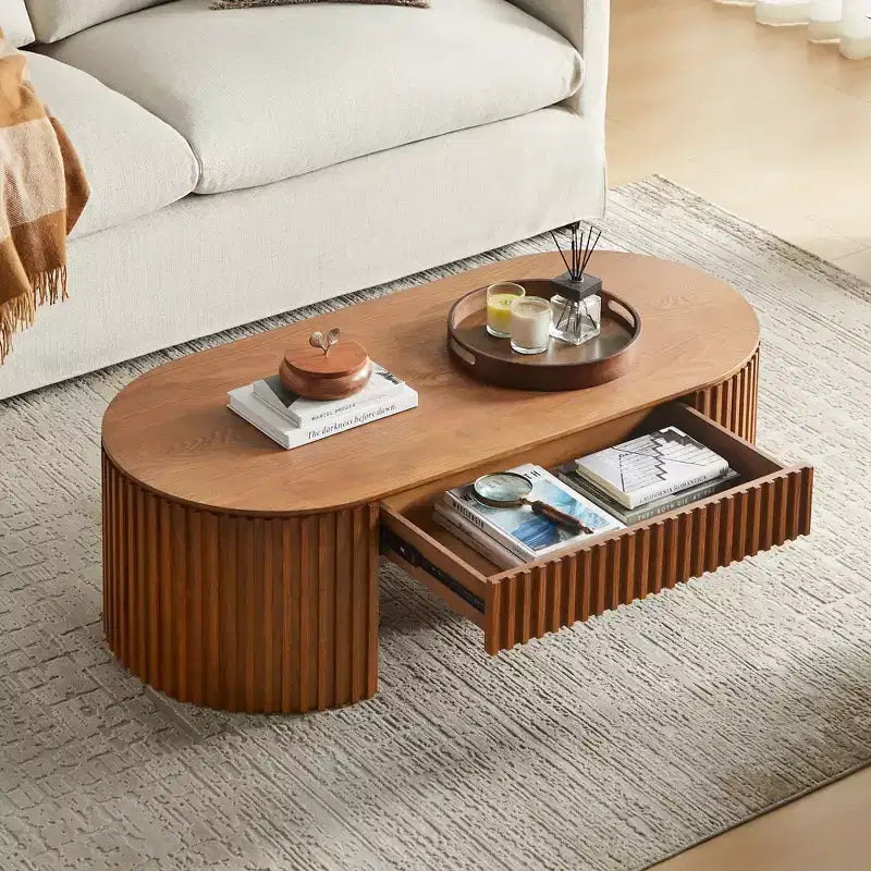 Table basse piédestal ovale moderne en bois avec tiroir et relief fait à la main
