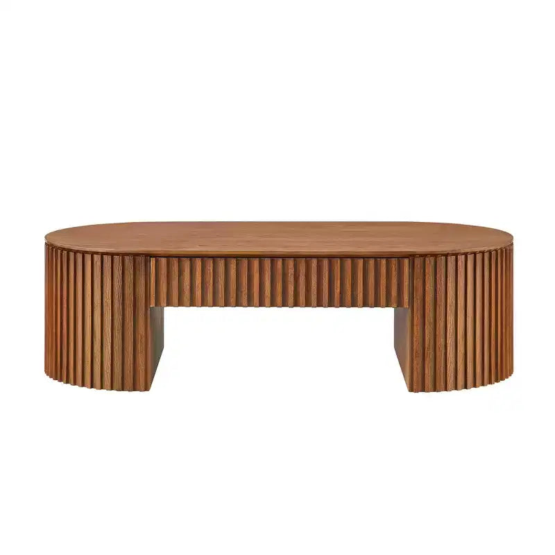 Table basse piédestal ovale moderne en bois avec tiroir et relief fait à la main