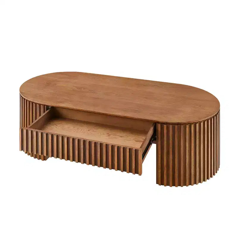 Table basse piédestal ovale moderne en bois avec tiroir et relief fait à la main