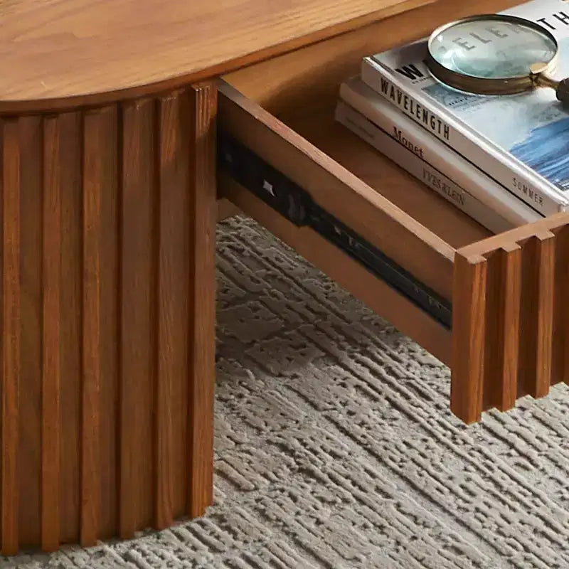 Table basse piédestal ovale moderne en bois avec tiroir et relief fait à la main