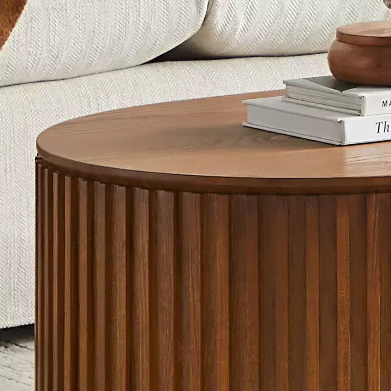 Table basse piédestal ovale moderne en bois avec tiroir et relief fait à la main