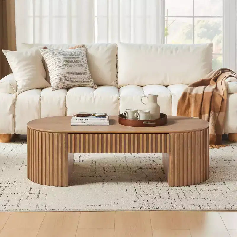 Table basse piédestal ovale moderne en bois avec tiroir et relief fait à la main