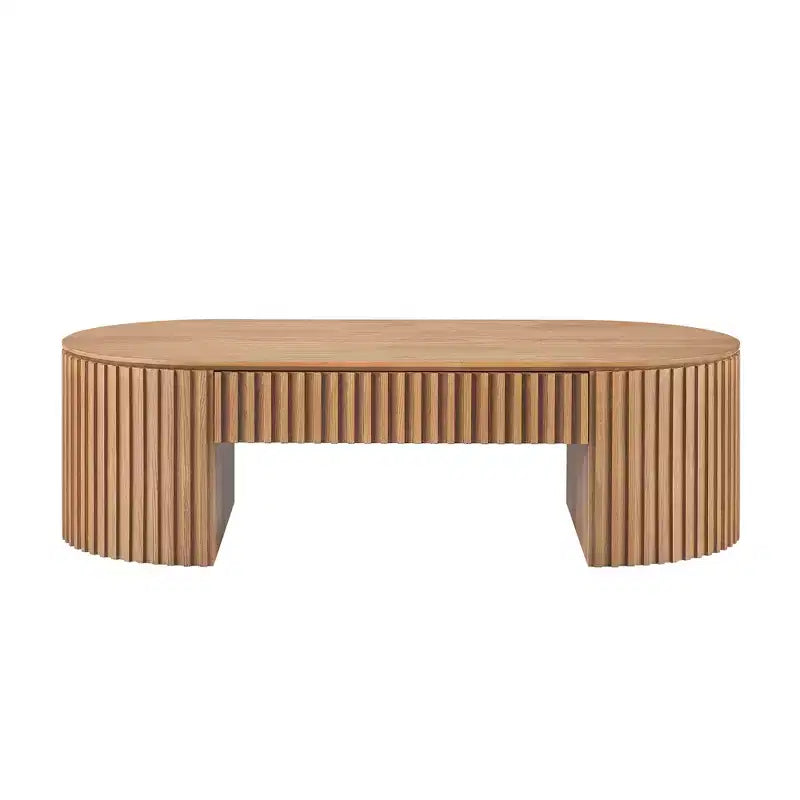 Table basse piédestal ovale moderne en bois avec tiroir et relief fait à la main