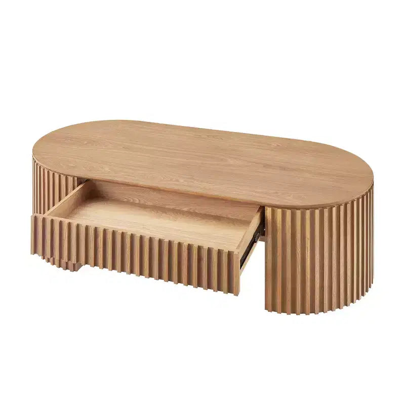 Table basse piédestal ovale moderne en bois avec tiroir et relief fait à la main