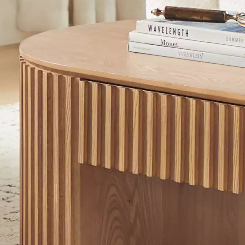 Table basse piédestal ovale moderne en bois avec tiroir et relief fait à la main