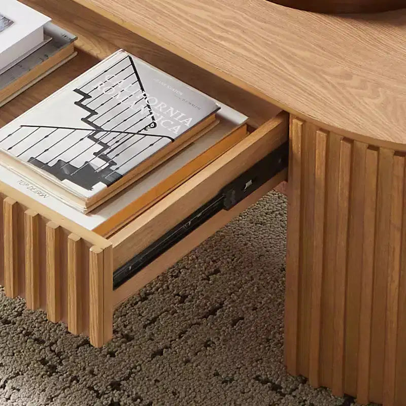 Table basse piédestal ovale moderne en bois avec tiroir et relief fait à la main