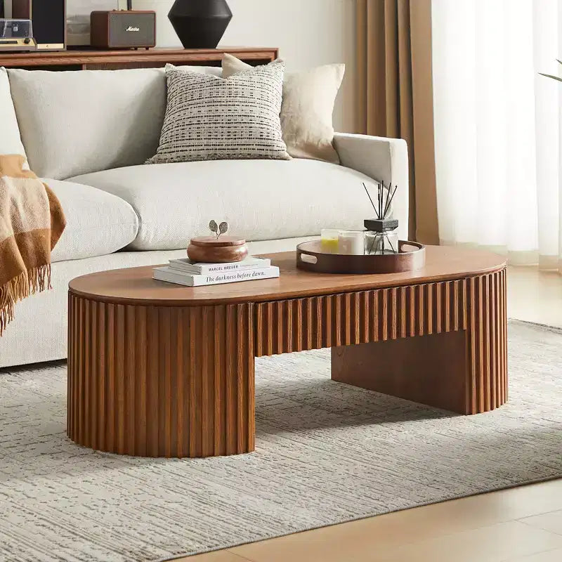 Table basse piédestal ovale moderne en bois avec tiroir et relief fait à la main