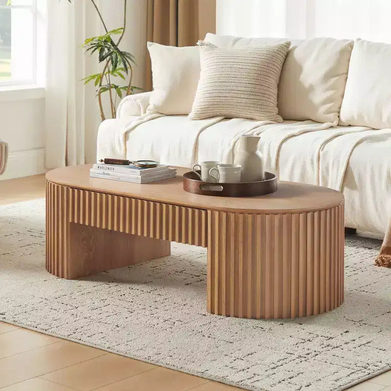 Table basse piédestal ovale moderne en bois avec tiroir et relief fait à la main