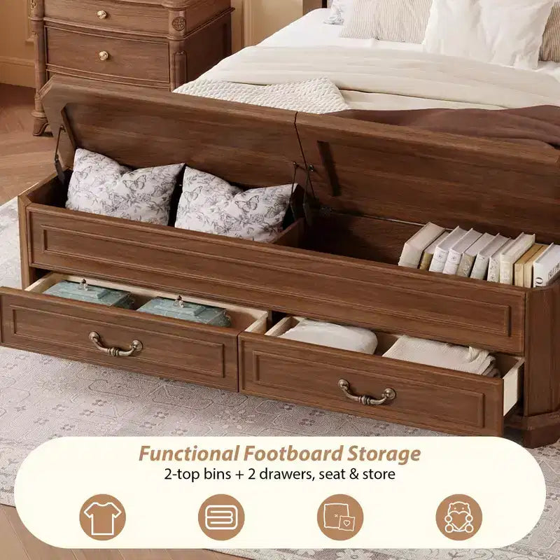 Lit Queen Pinewood style ferme avec banc de rangement et 2 grands tiroirs