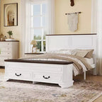 Lit Queen Pinewood style ferme avec banc de rangement et 2 grands tiroirs